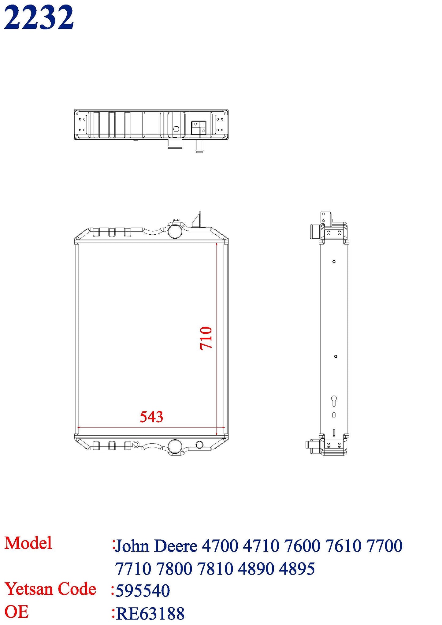 Technical drawing of a radiator with dimensions and model numbers on a white background