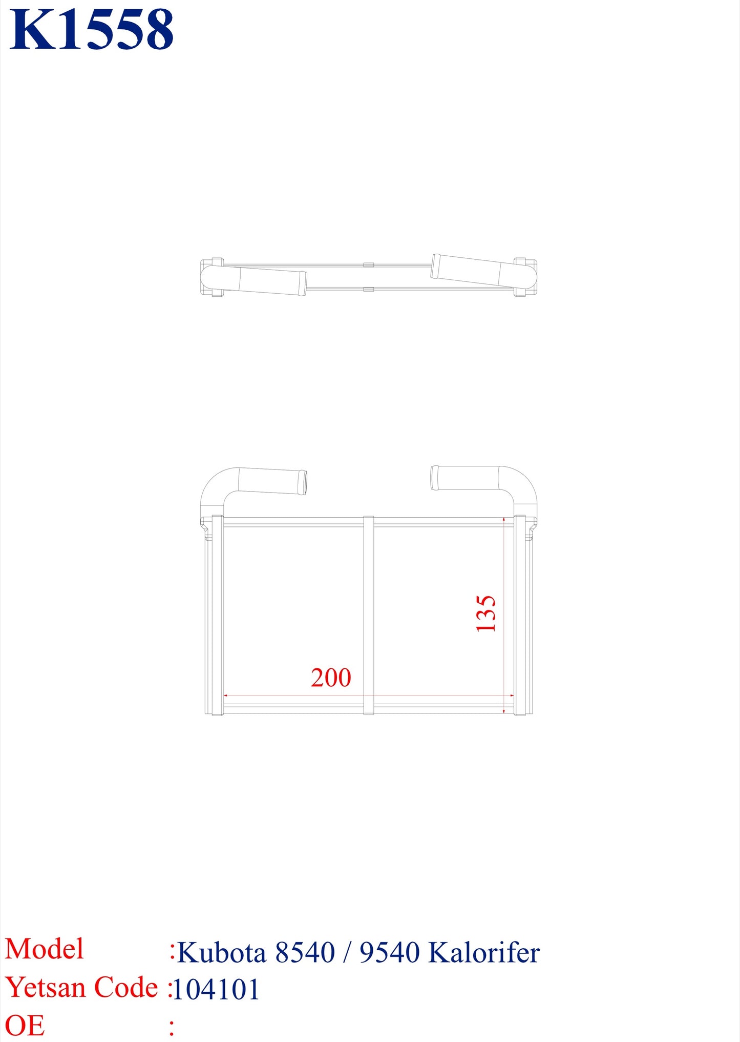 KUBOTA 8540 / 9540 Heater Core